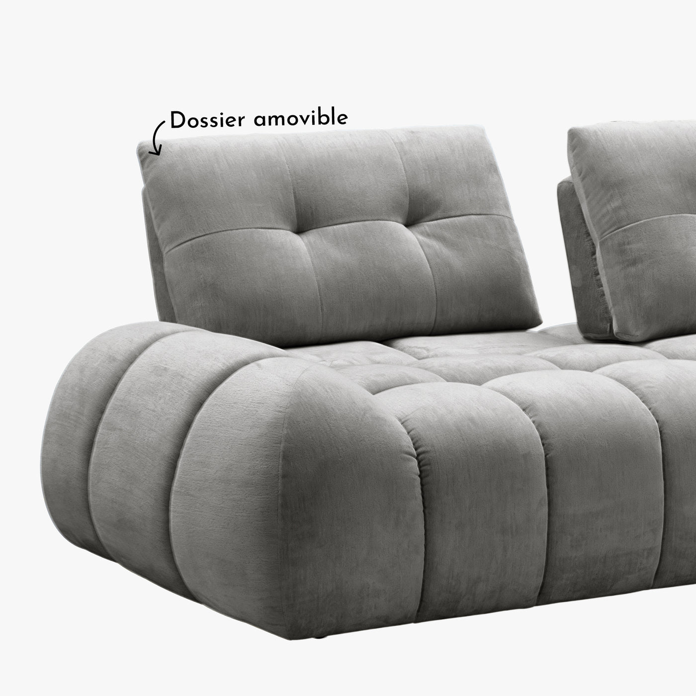 KESSY Canapé 3 places avec dossier amovible en tissu capitonné gris