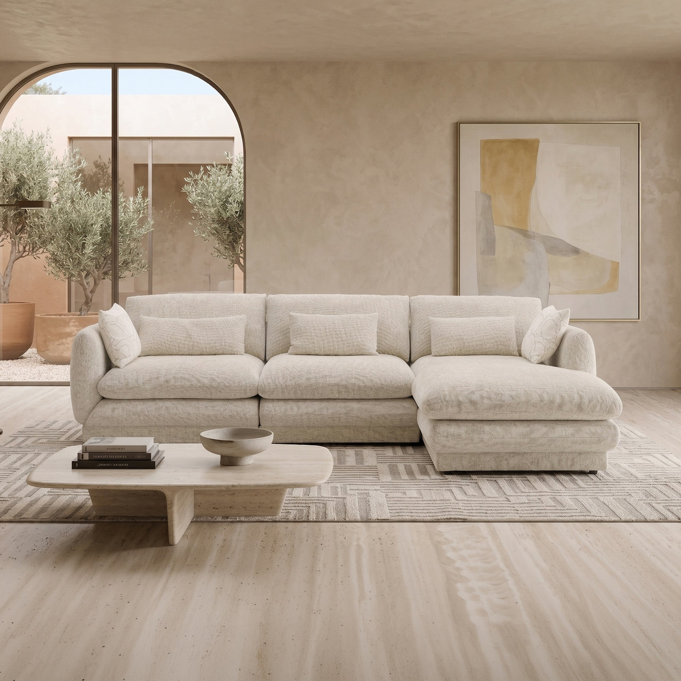 KENDAL Canapé d'angle en tissu beige - Angle droit