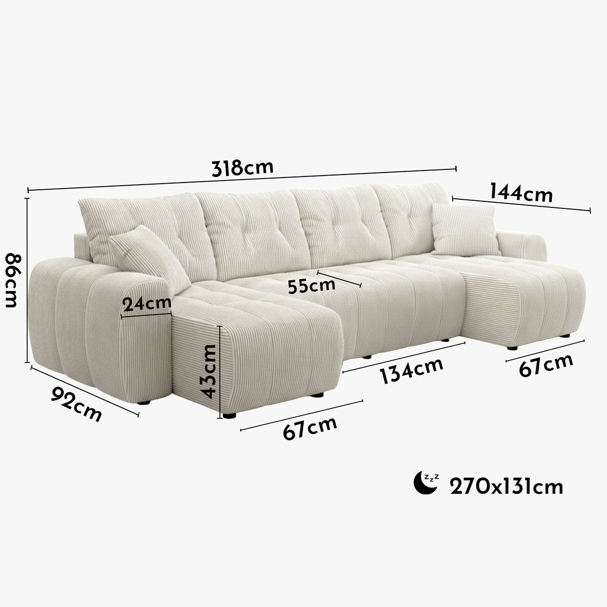 ALYA XL Canapé panoramique convertible avec coffre en velours côtelé beige - Canapés panoramiques - Mobilier Deco