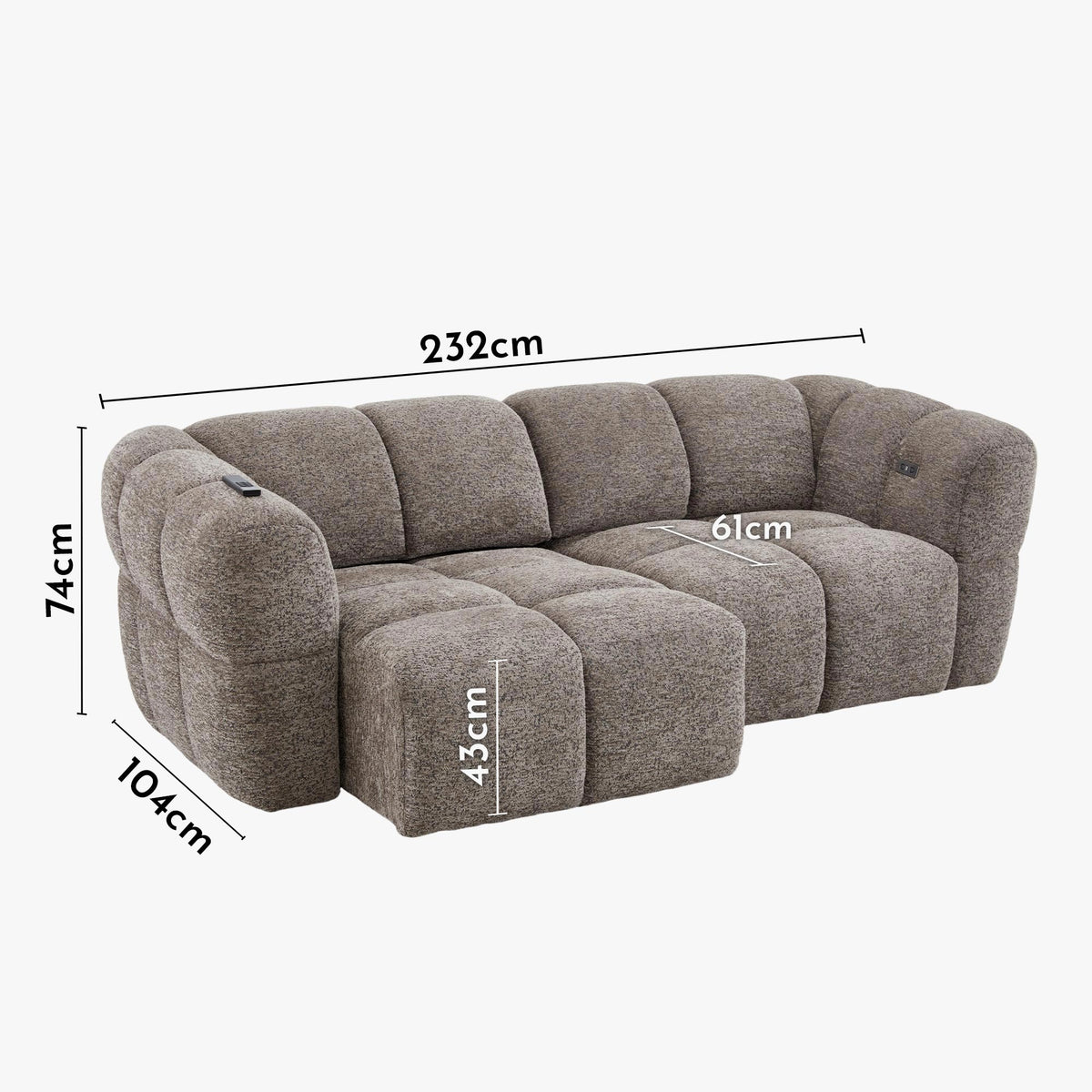 NALA Canapé 3 places relax électrique avec assises coulissantes en tissu taupe