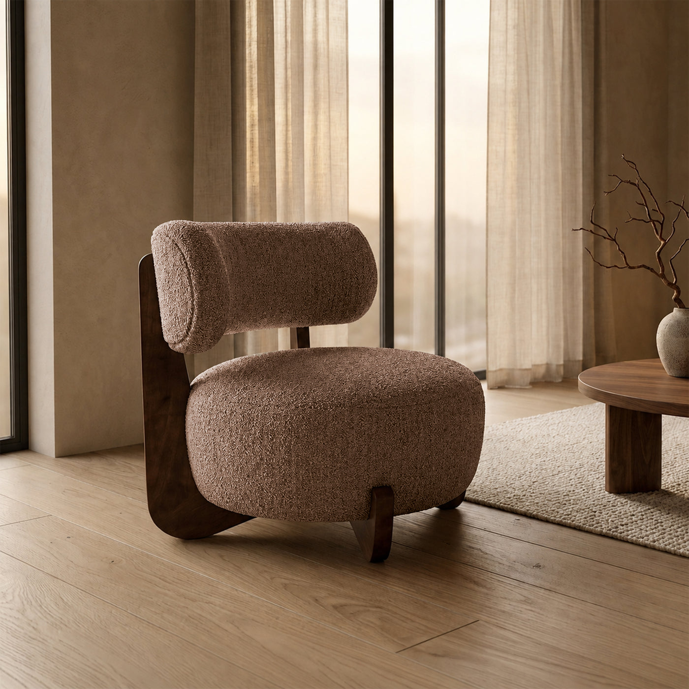 ESTER Fauteuil en tissu texturé taupe pieds en bois foncé