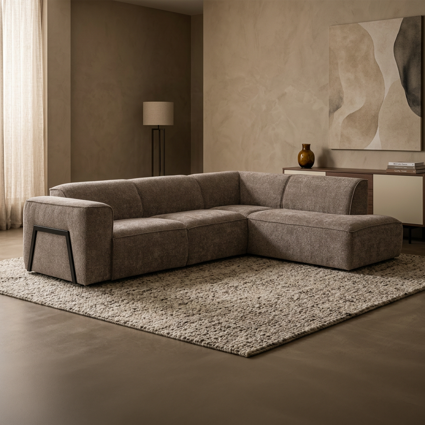 AMANDA Canapé d'angle en tissu taupe avec détail métal noir - Angle droit - Canapés d'angle - Mobilier Deco