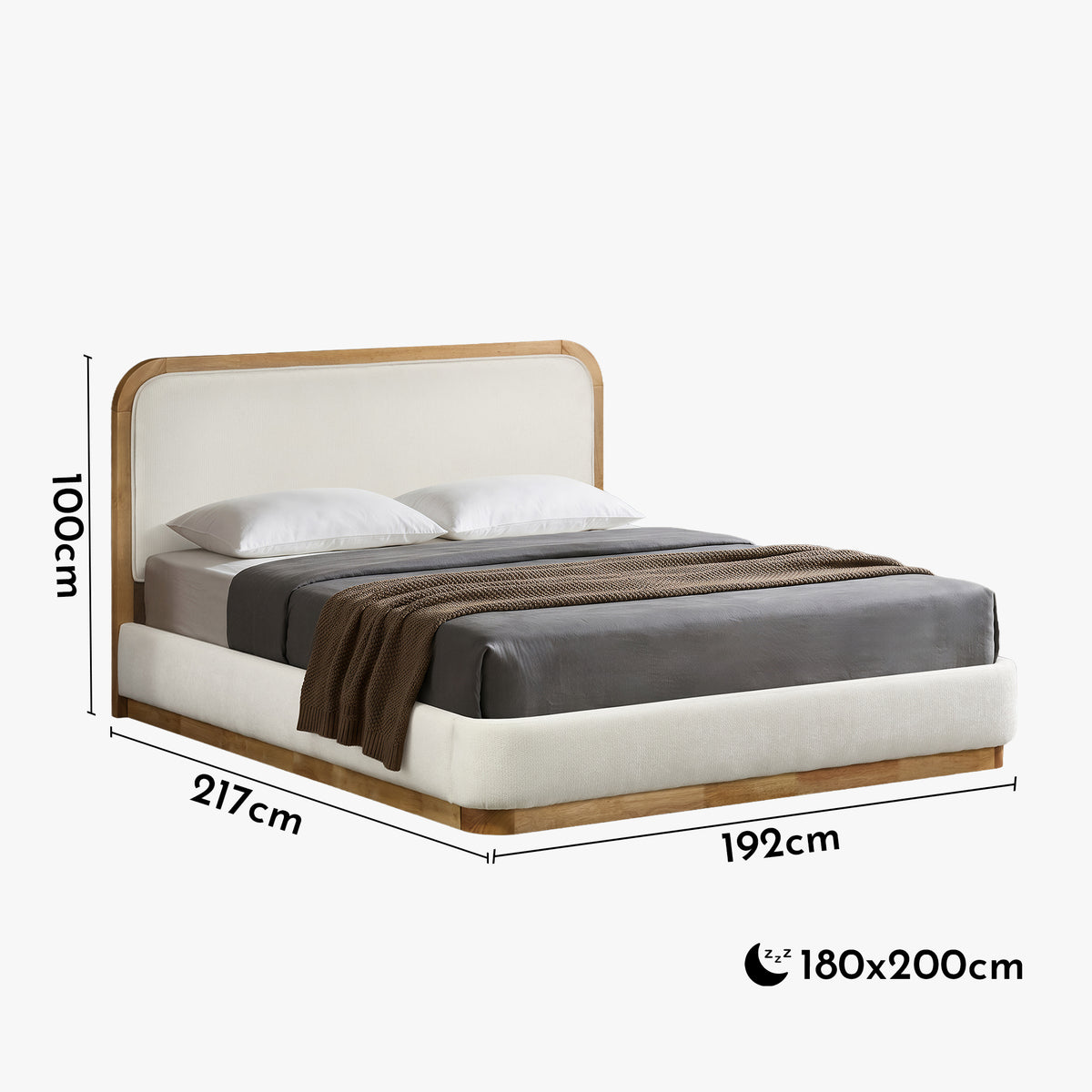 MONA Lit double en tissu beige et bois clair 180x200 cm - Lits - Mobilier Deco