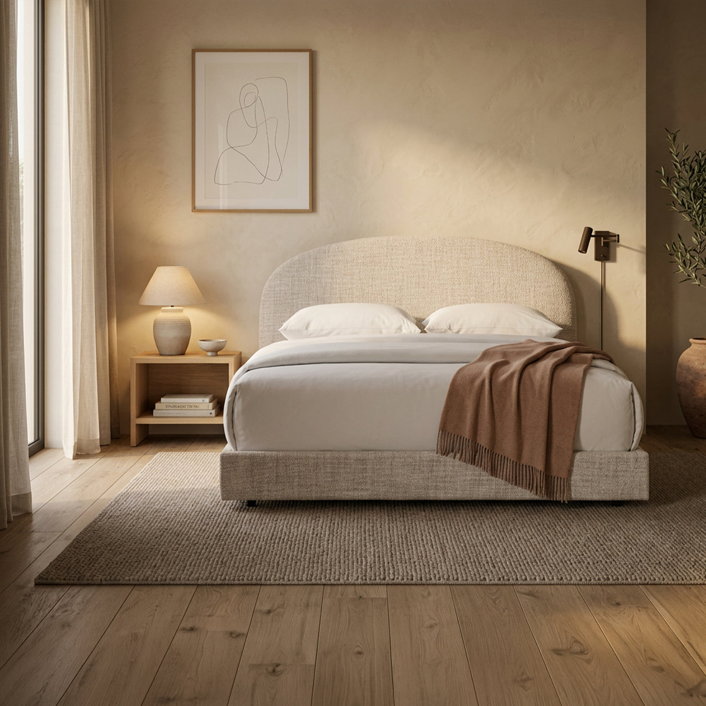 RANIA Lit double en tissu beige 180x200 cm