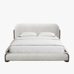 Lit double en tissu beige et bois foncé 140x190 cm