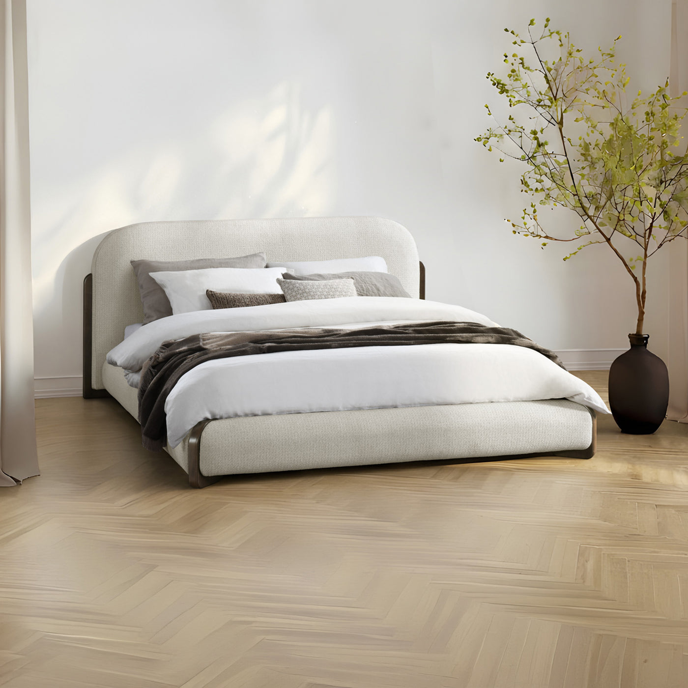 DELYA Lit double en tissu beige et bois foncé 160x200 cm