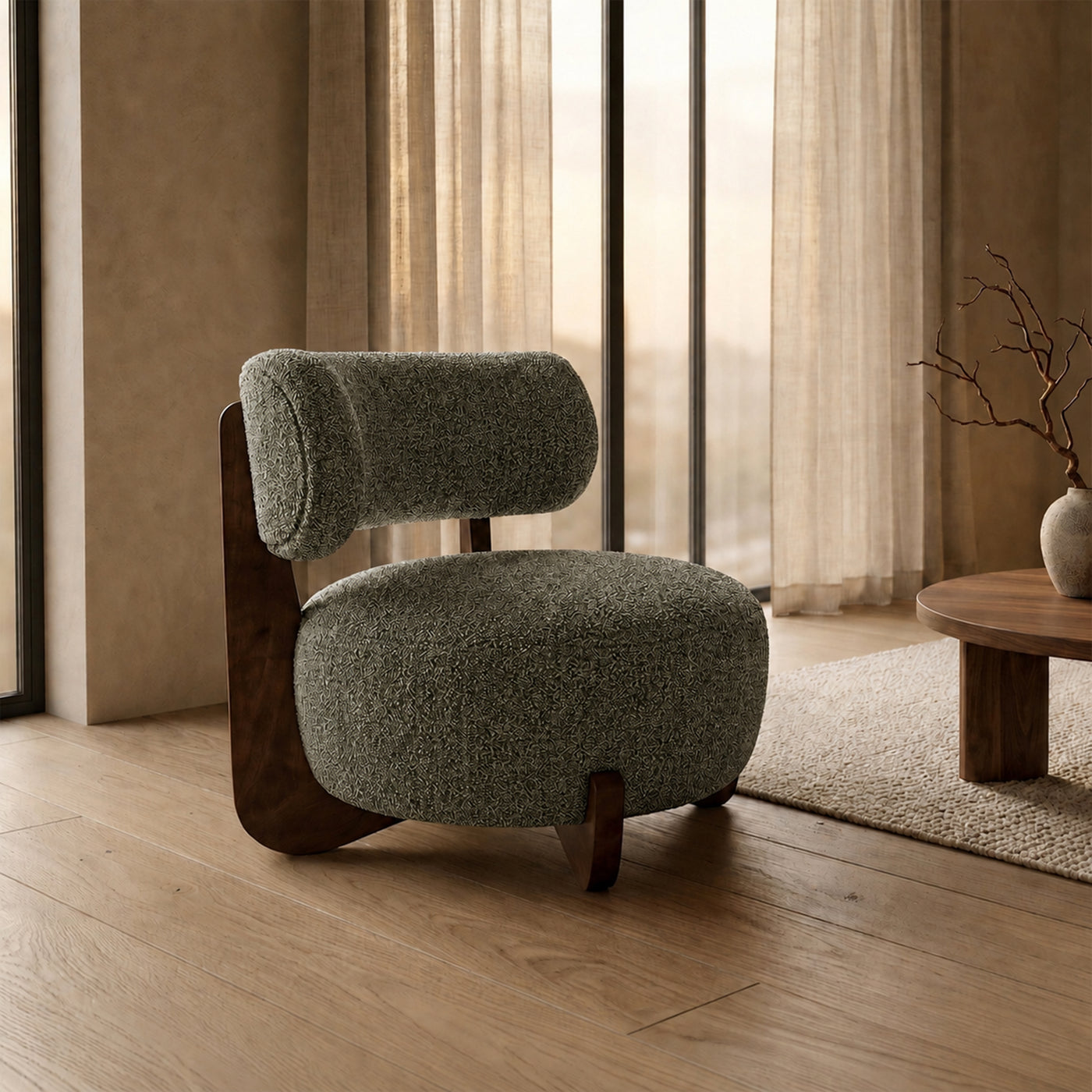 ESTER Fauteuil en tissu texturé vert pieds en bois foncé