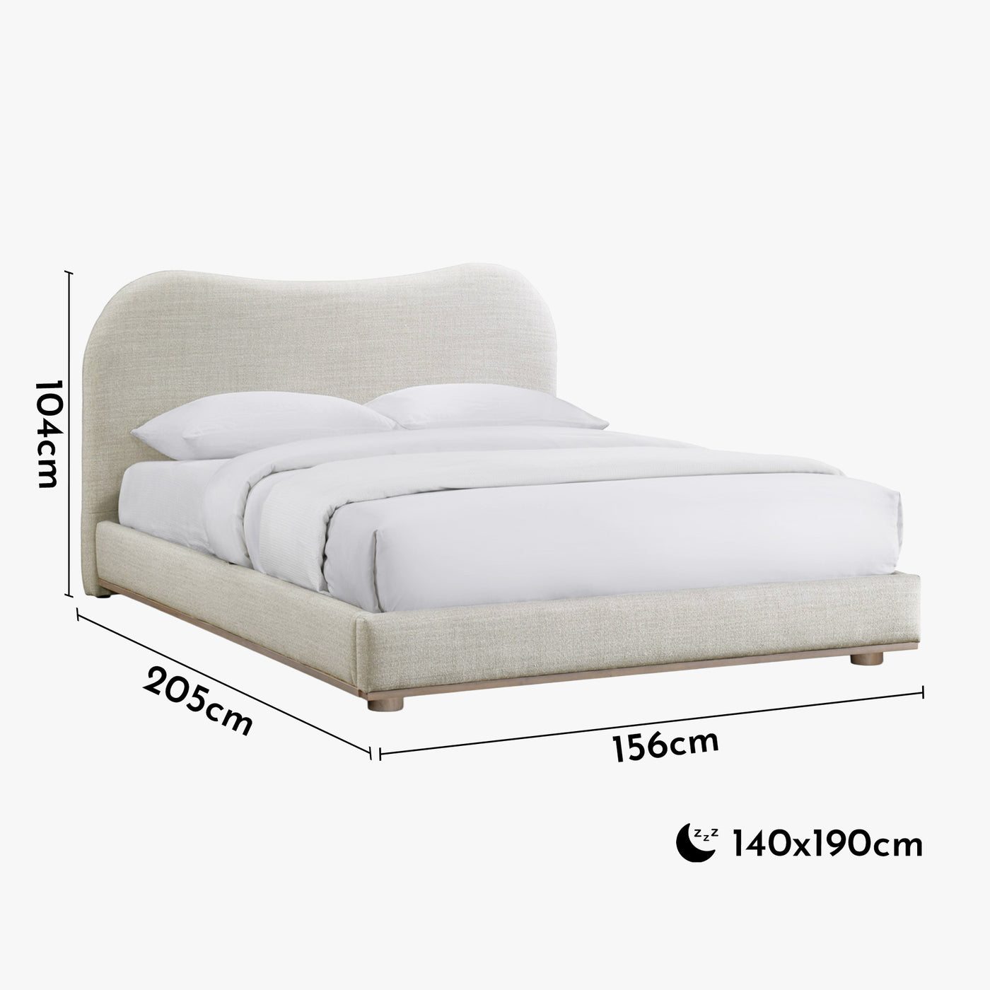 NALY Lit double en tissu beige et bois clair 140x190 cm