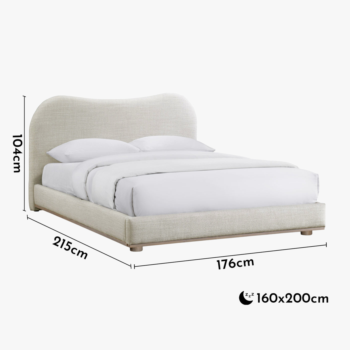 NALY Lit double en tissu beige et bois clair 160x200 cm