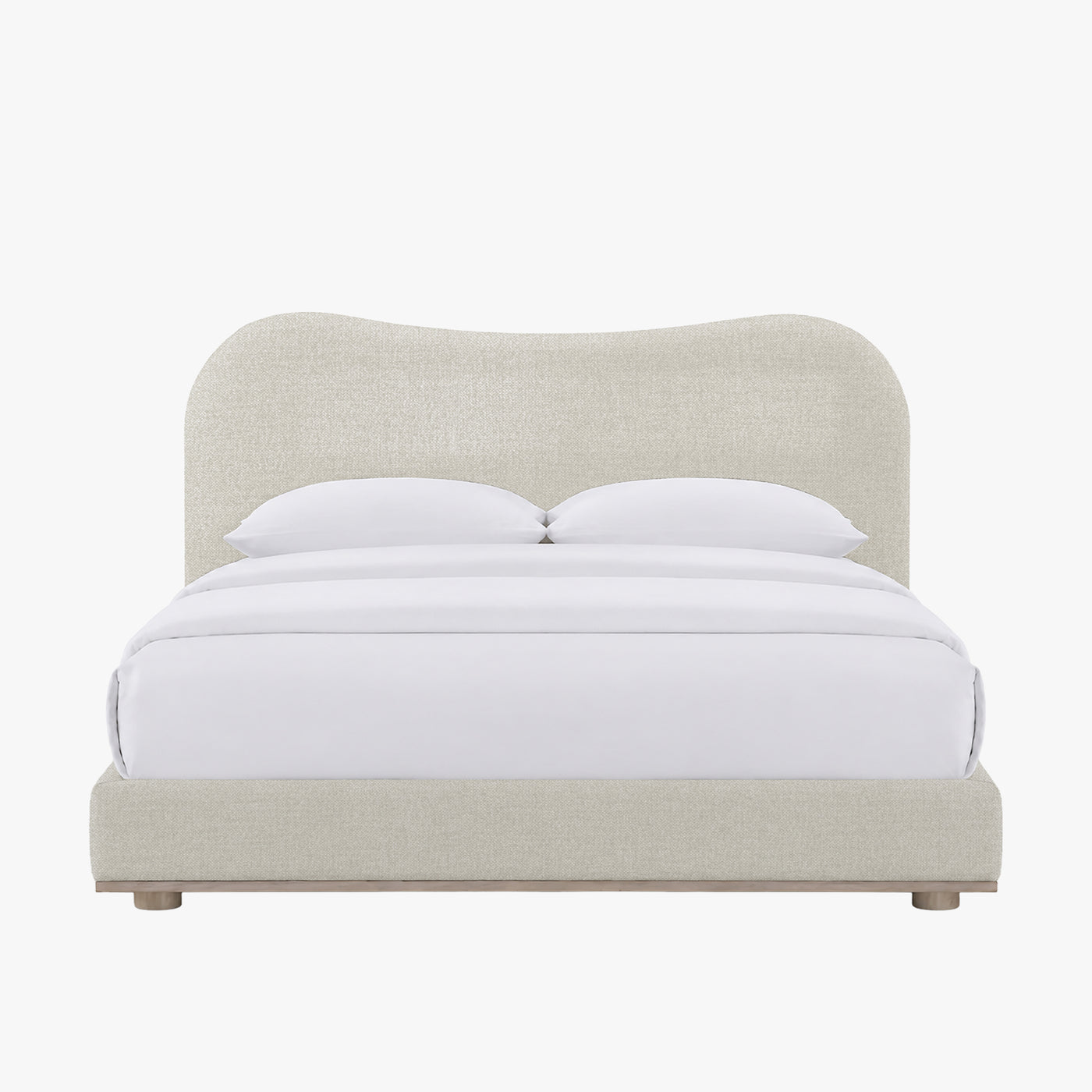 NALY Lit double en tissu beige et bois clair 140x190 cm