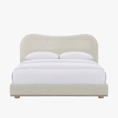 Lit double en tissu beige et bois clair 140x190 cm