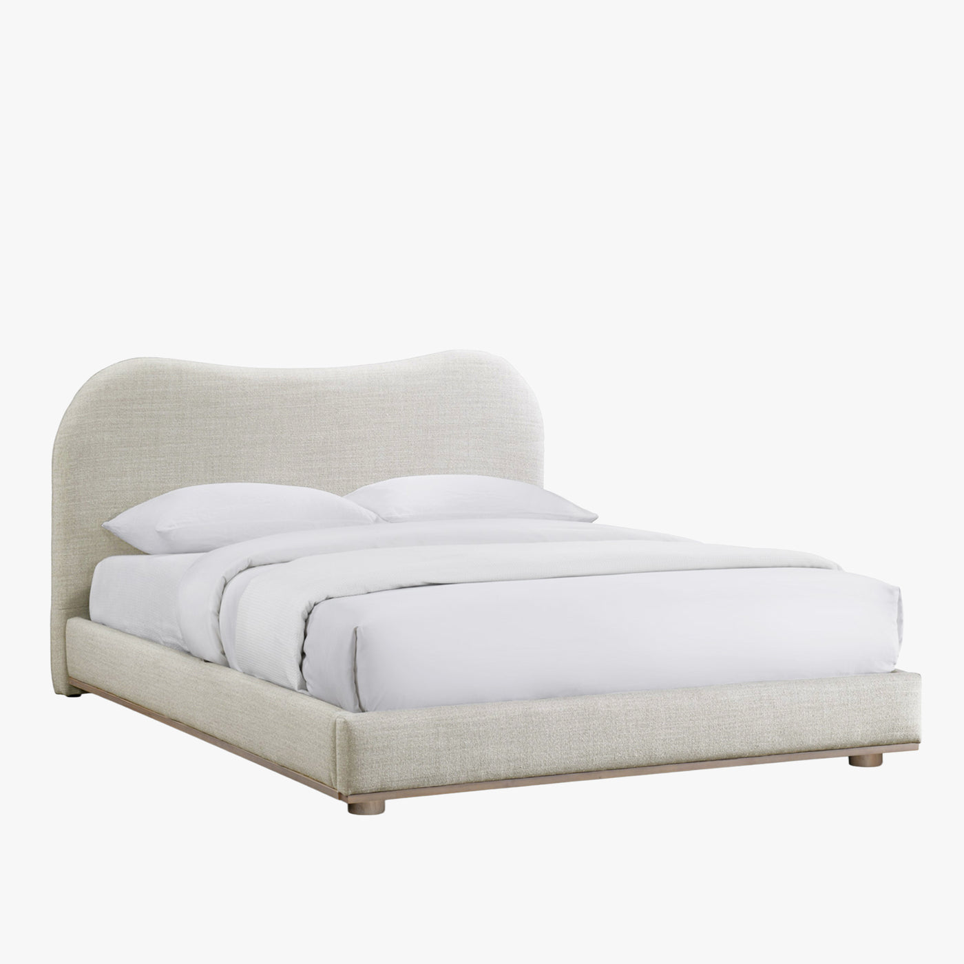 NALY Lit double en tissu beige et bois clair 180x200cm