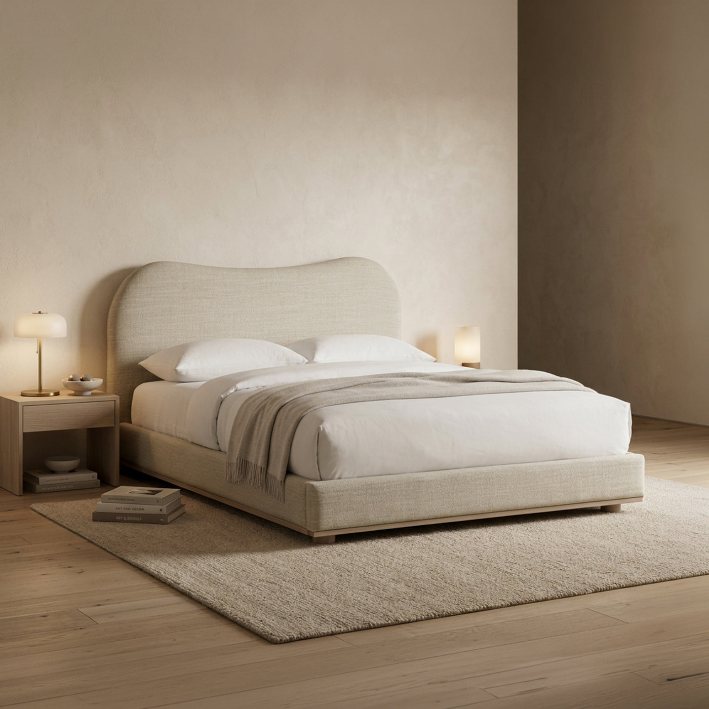 NALY Lit double en tissu beige et bois clair 140x190 cm