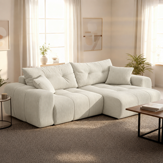 ALYA Canapé d'angle convertible et réversible avec coffre en velours côtelé beige