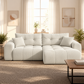 ALYA Canapé d'angle convertible et réversible avec coffre en velours côtelé beige