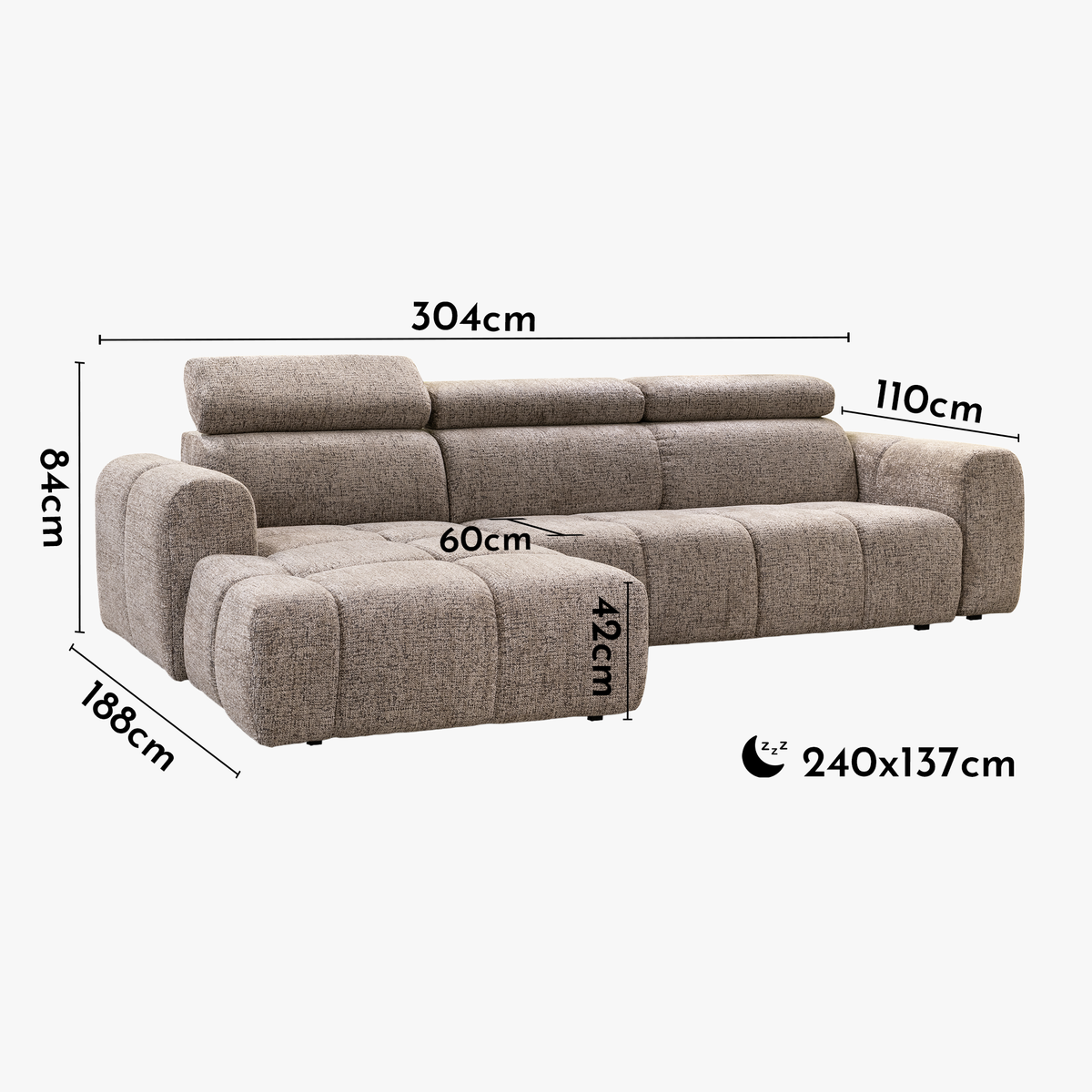 ALEXIA Canapé d'angle convertible avec têtières relevables en tissu taupe - Angle gauche - Canapé d'angle convertible