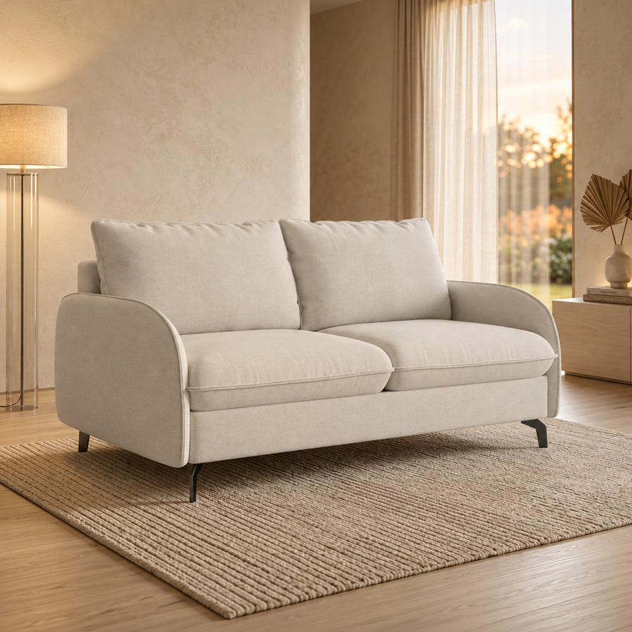 MARTINE Canapé 3 places convertible en tissu beige matelas 14 cm — aperçu vidéo