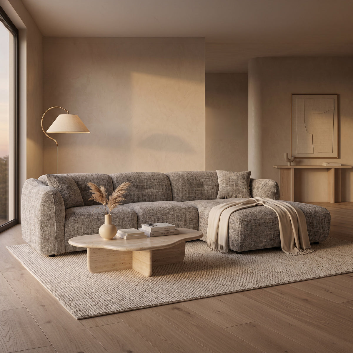 NOELIA Canapé d'angle en tissu capitonné taupe - Angle droit - Canapés d'angle - Mobilier Deco