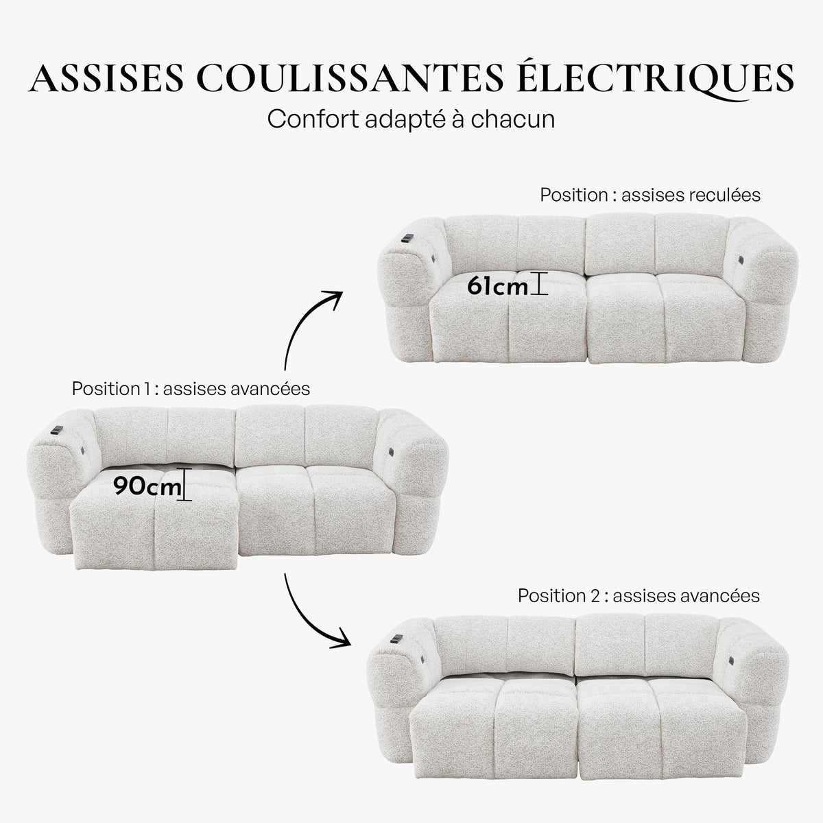 NALA Canapé 3 places relax électrique avec assises coulissantes en tissu beige - Canapé relax - Mobilier Deco