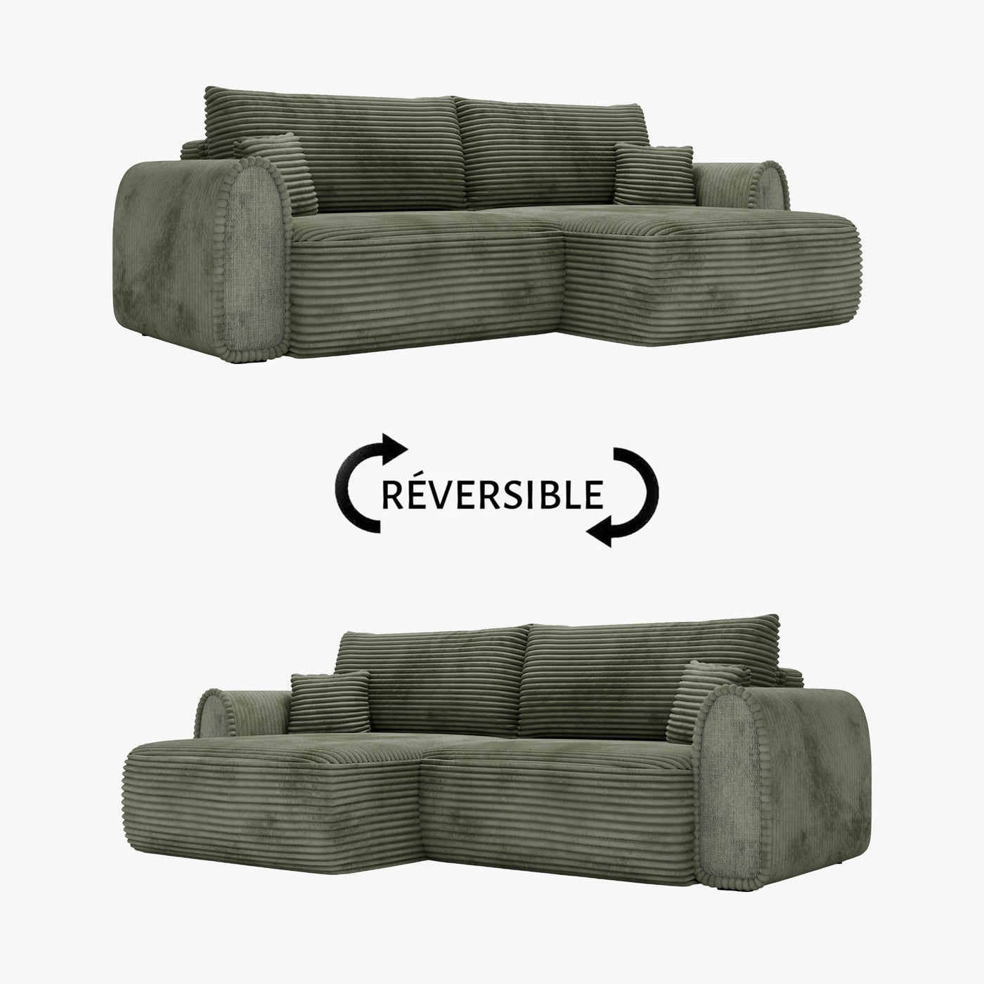 ADELE Canapé d'angle convertible et réversible avec coffre en velours côtelé vert