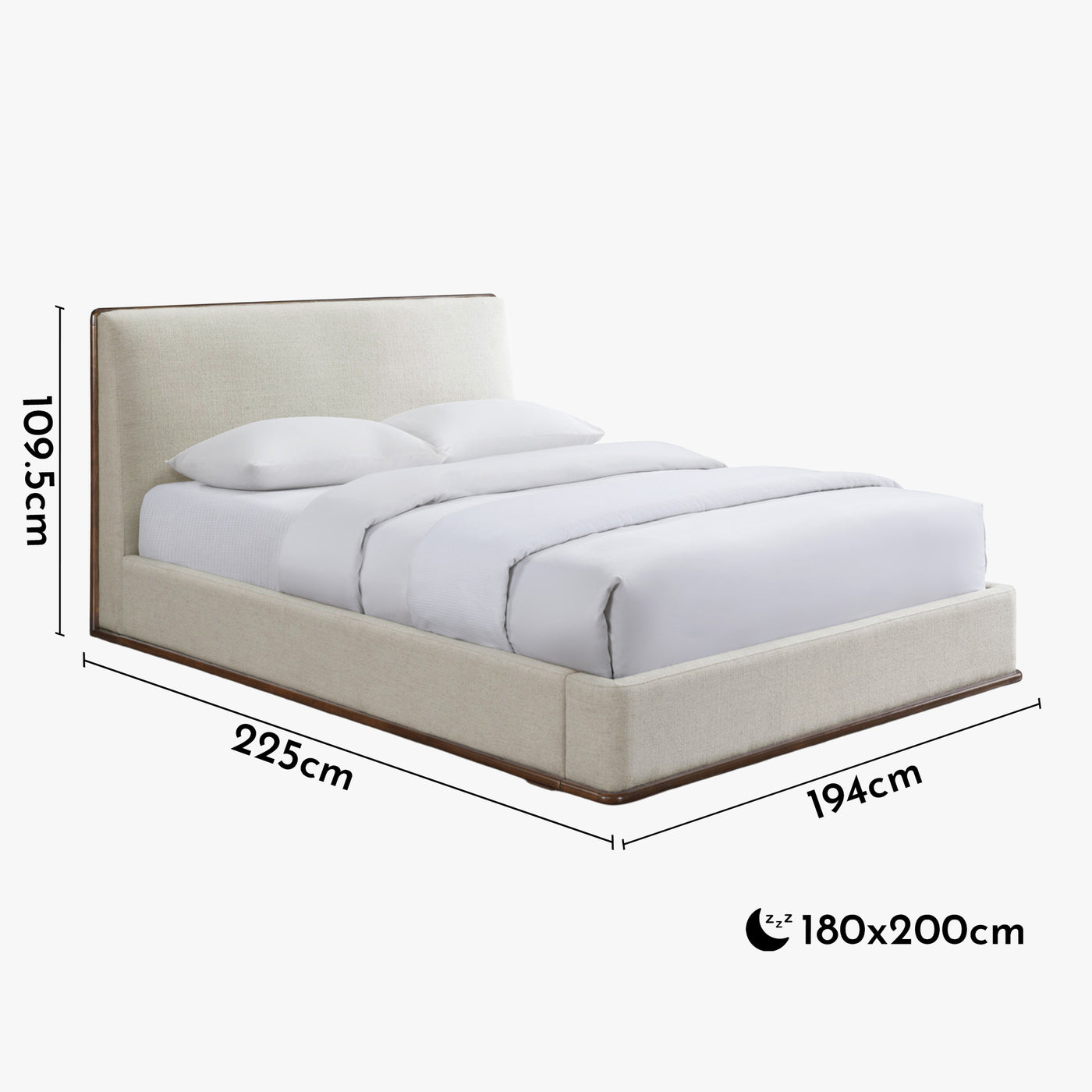 NORIA Lit double en tissu beige et bois foncé 180x200 cm