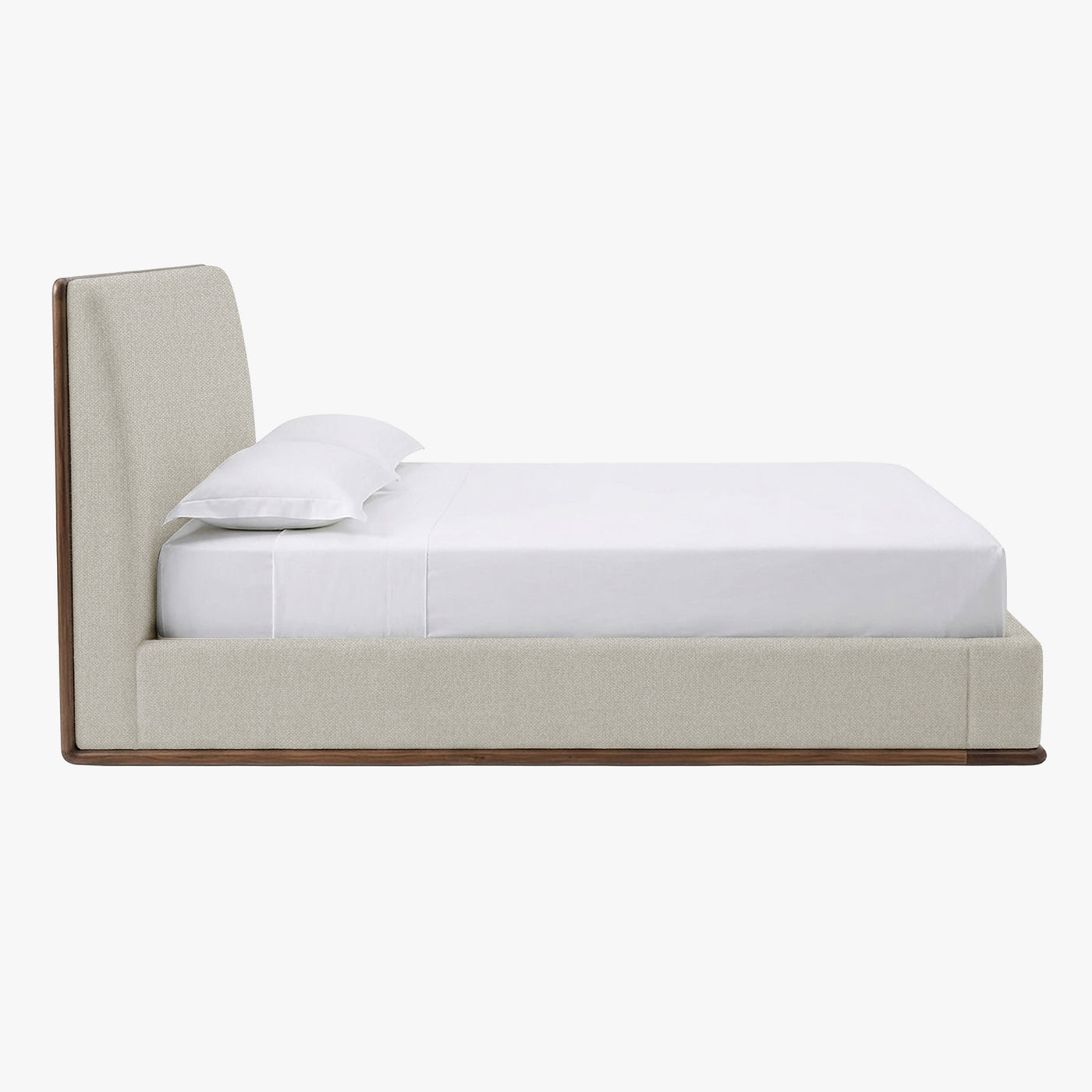 NORIA Lit double en tissu beige et bois foncé 140x190 cm