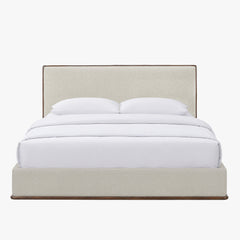 Lit double en tissu beige et bois foncé 160x200 cm
