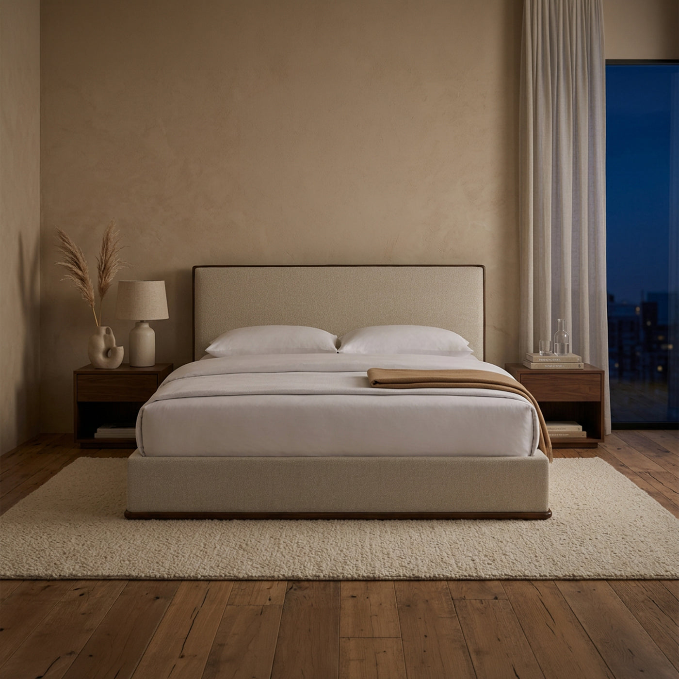 NORIA Lit double en tissu beige et bois foncé 140x190 cm