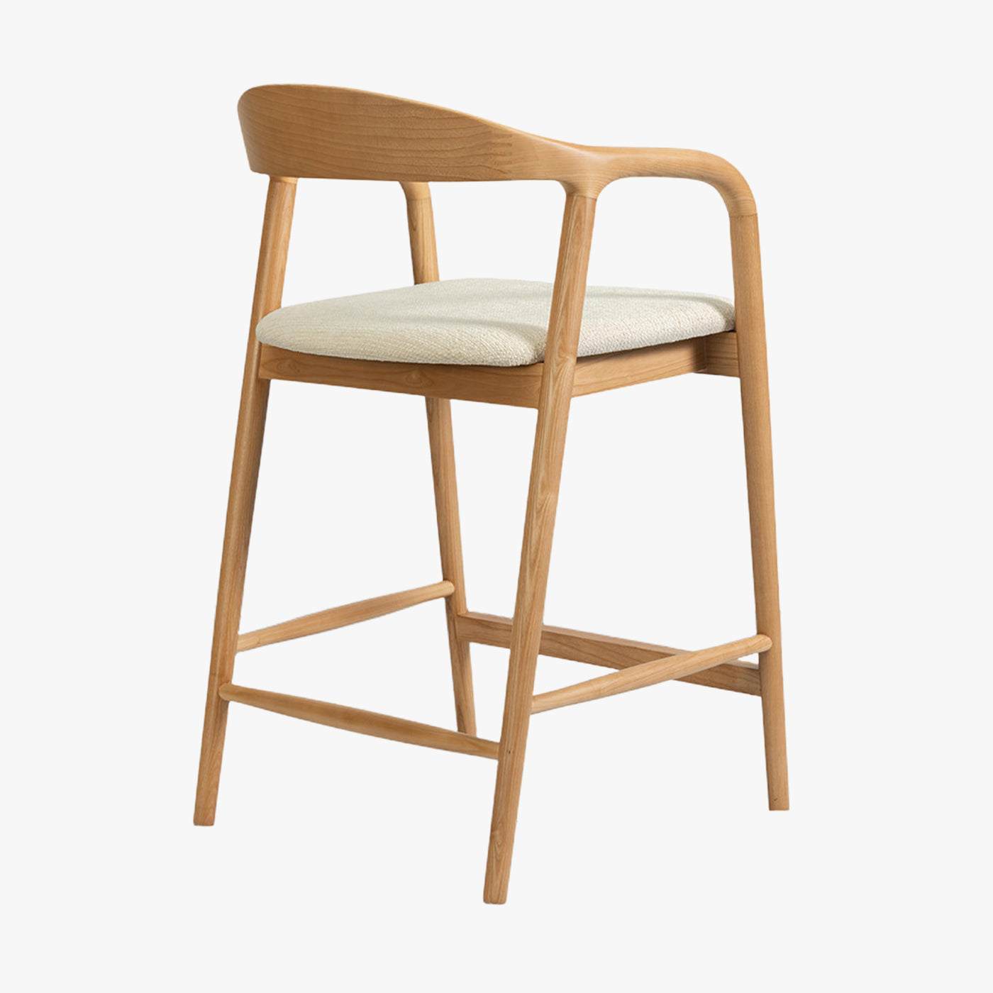 tabouret en tissu beige avec piètement en bois clair