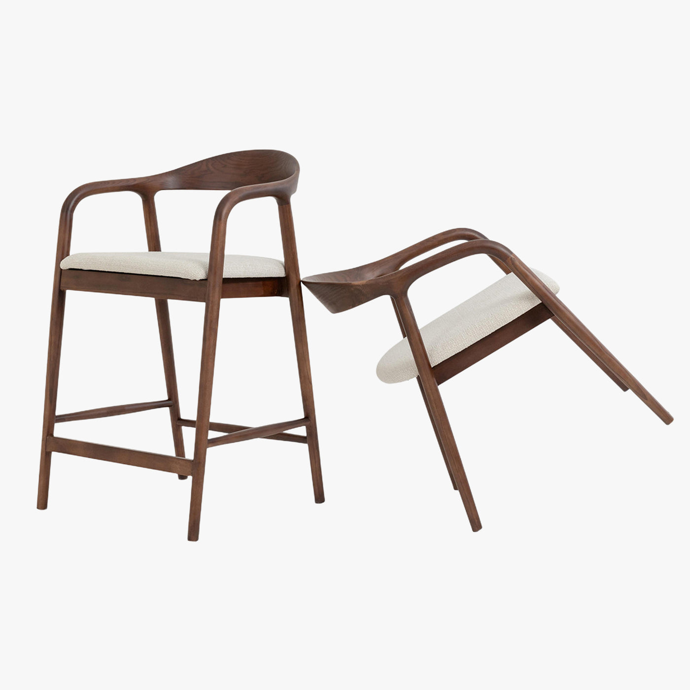 CLAIRE Tabouret en tissu beige piètement en bois massif foncé