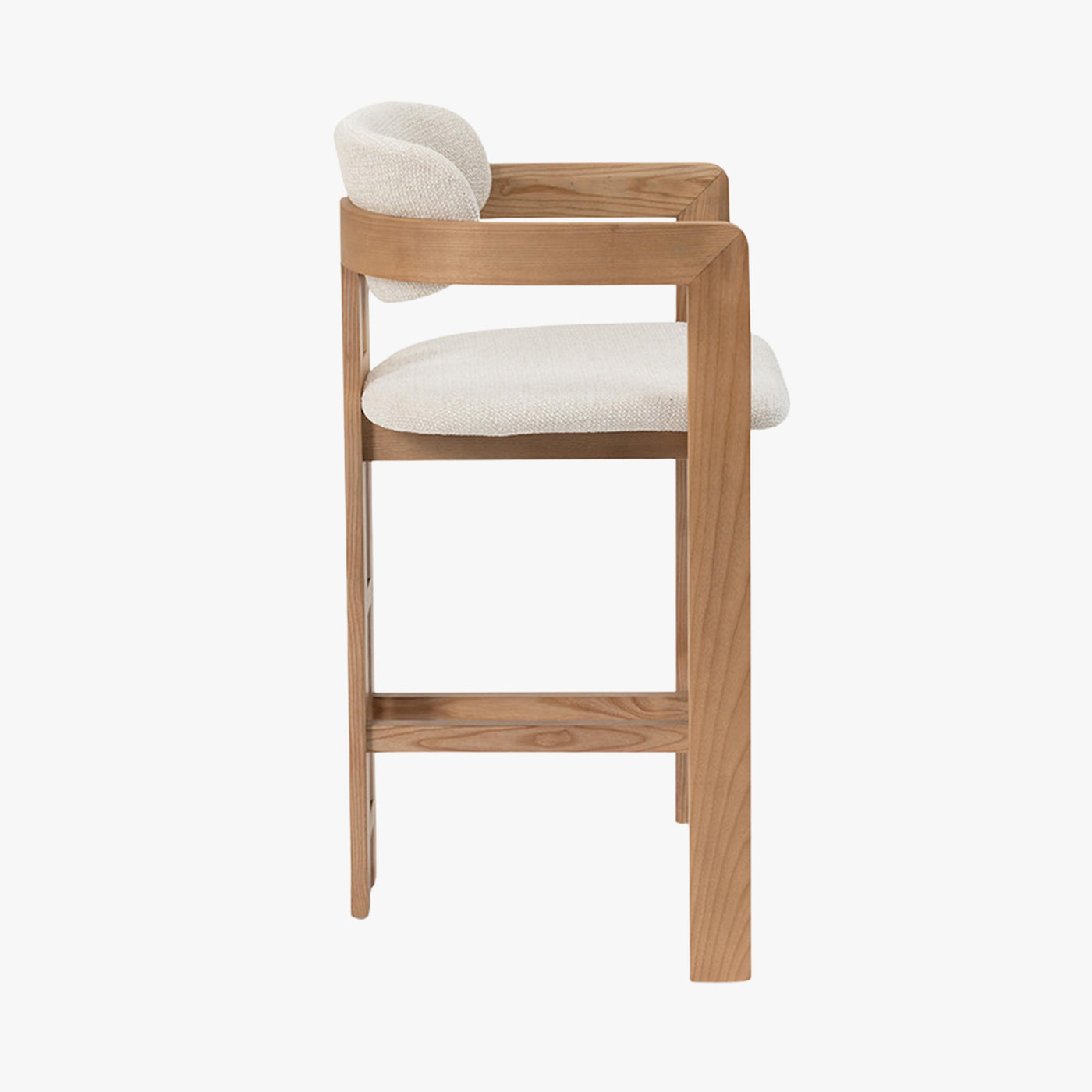 tabouret en tissu beige avec pieds en chêne massif couleur bois clair