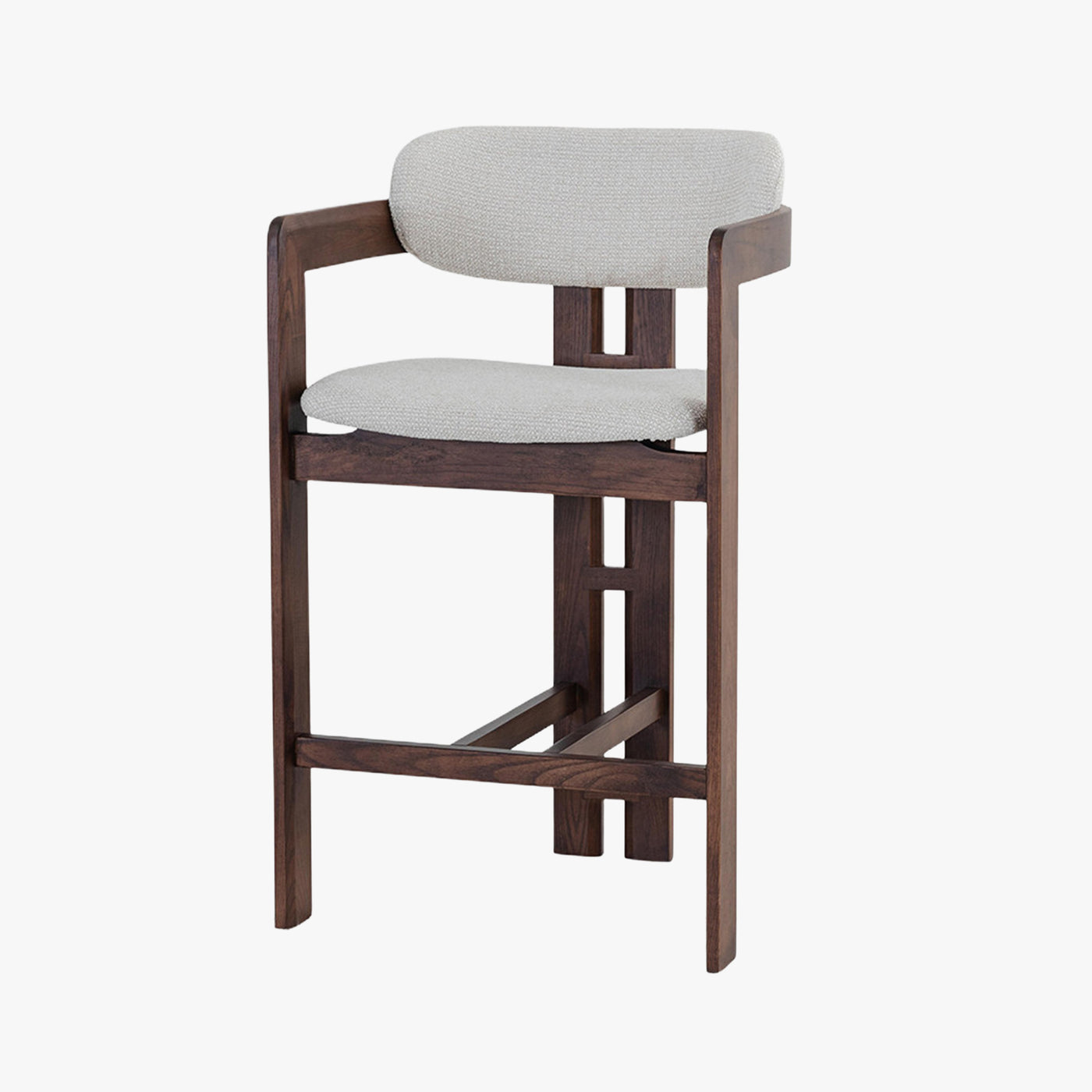 tabouret en tissu beige avec pieds en chêne massif couleur bois foncé