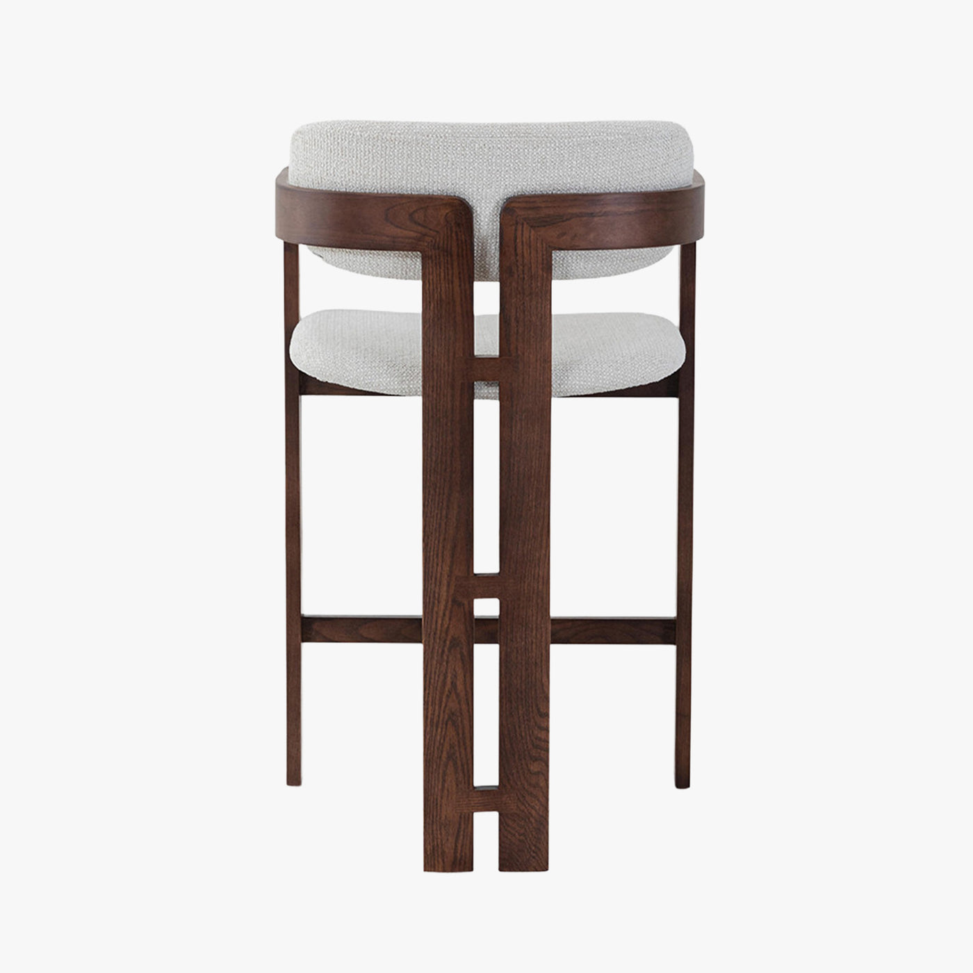 tabouret en tissu beige avec pieds en chêne massif couleur bois foncé