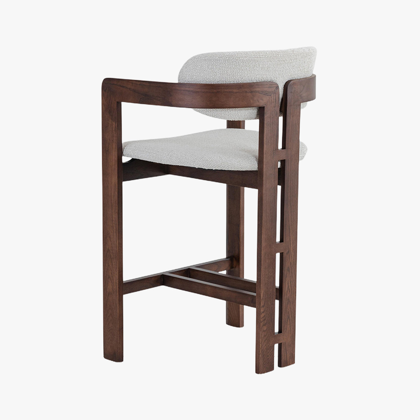 tabouret en tissu beige avec pieds en chêne massif couleur bois foncé