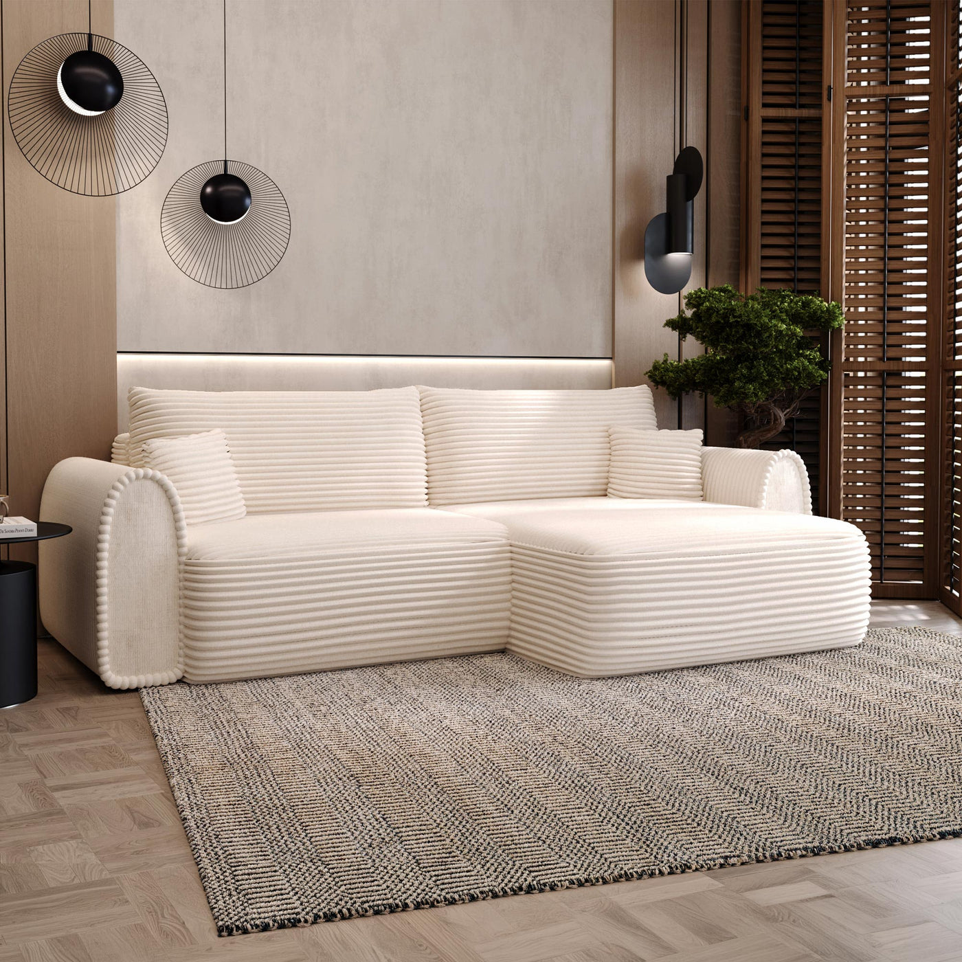 ADELE Canapé d'angle convertible et réversible avec coffre en velours côtelé beige - Canapé d'angle convertible - Mobilier Deco