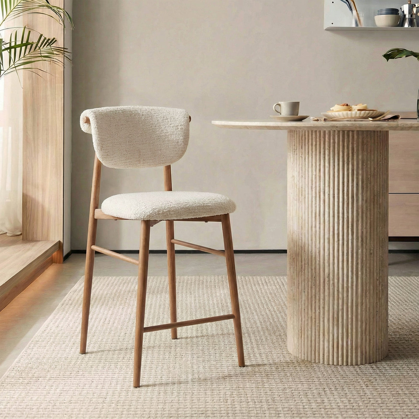 ADRIA Tabouret en tissu beige pieds couleur bois - Tabourets - Mobilier Deco