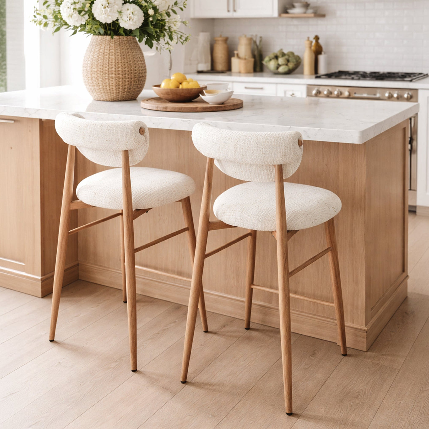 ADRIA Tabouret en tissu beige pieds couleur bois - Tabourets - Mobilier Deco