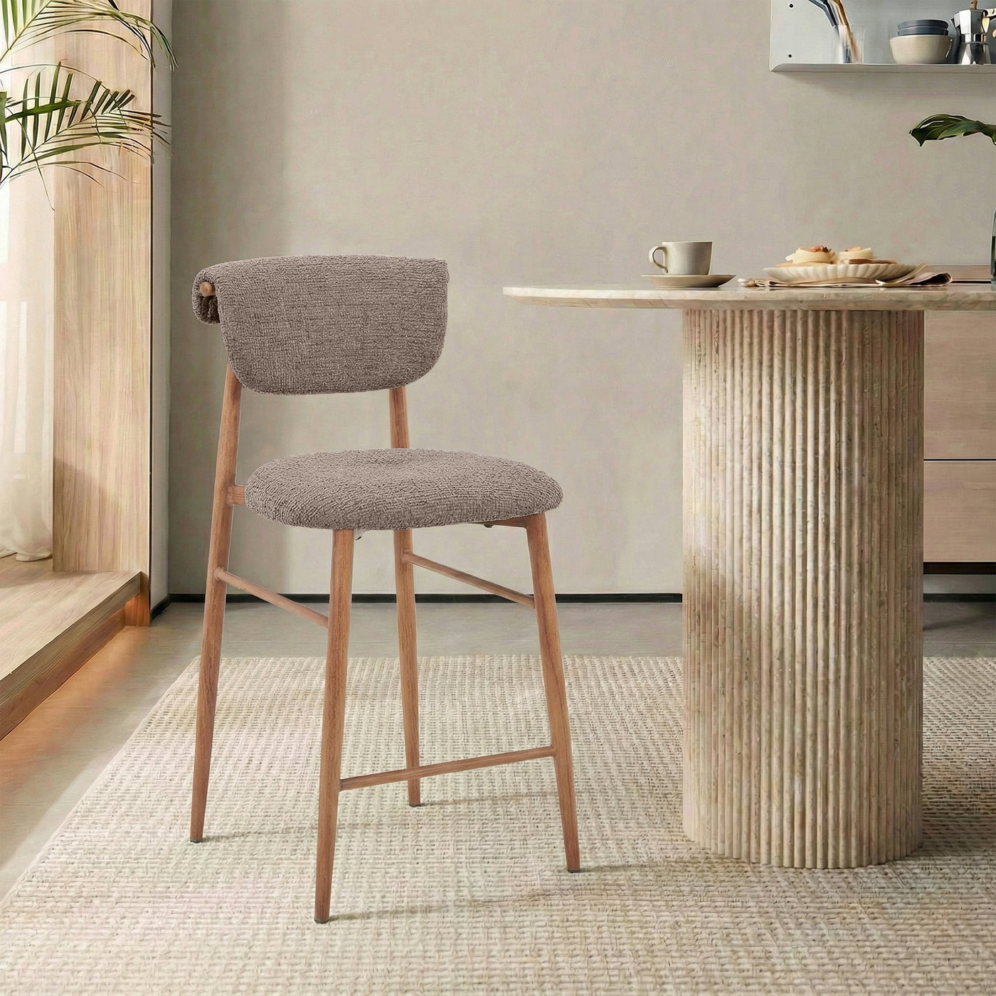 ADRIA Tabouret en tissu taupe pieds couleur bois - Tabourets - Mobilier Deco