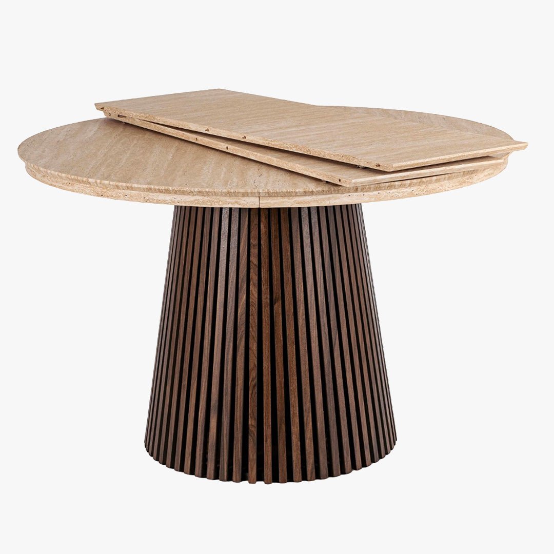 ADRIEN Table à manger ronde extensible couleur beige et bois foncé 120-200 cm - Table à manger - Mobilier Deco