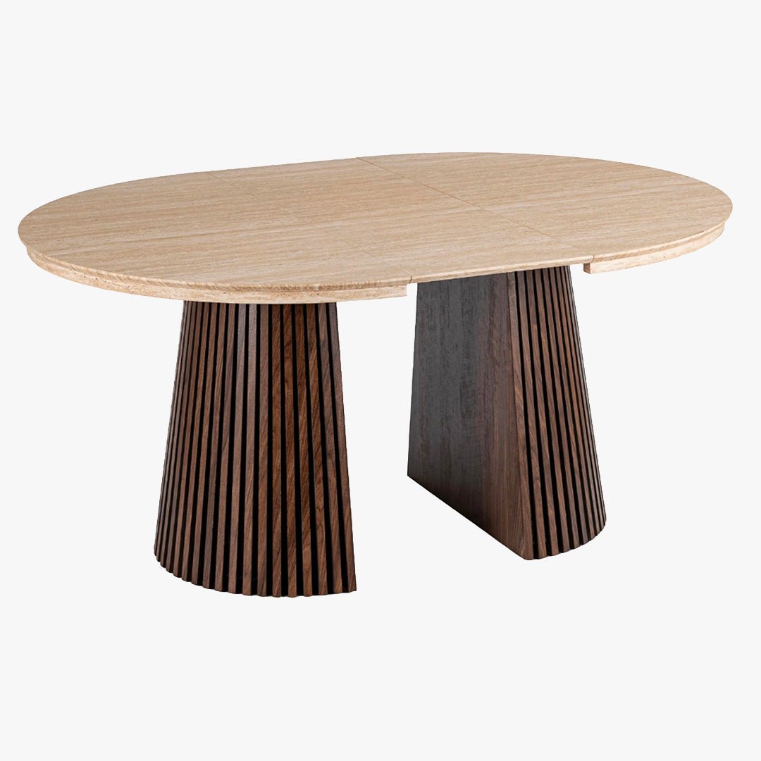 ADRIEN Table à manger ronde extensible couleur beige et bois foncé 120-200 cm - Table à manger - Mobilier Deco