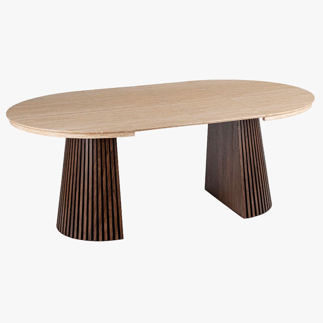 ADRIEN Table à manger ronde extensible couleur beige et bois foncé 120-200 cm - Table à manger - Mobilier Deco