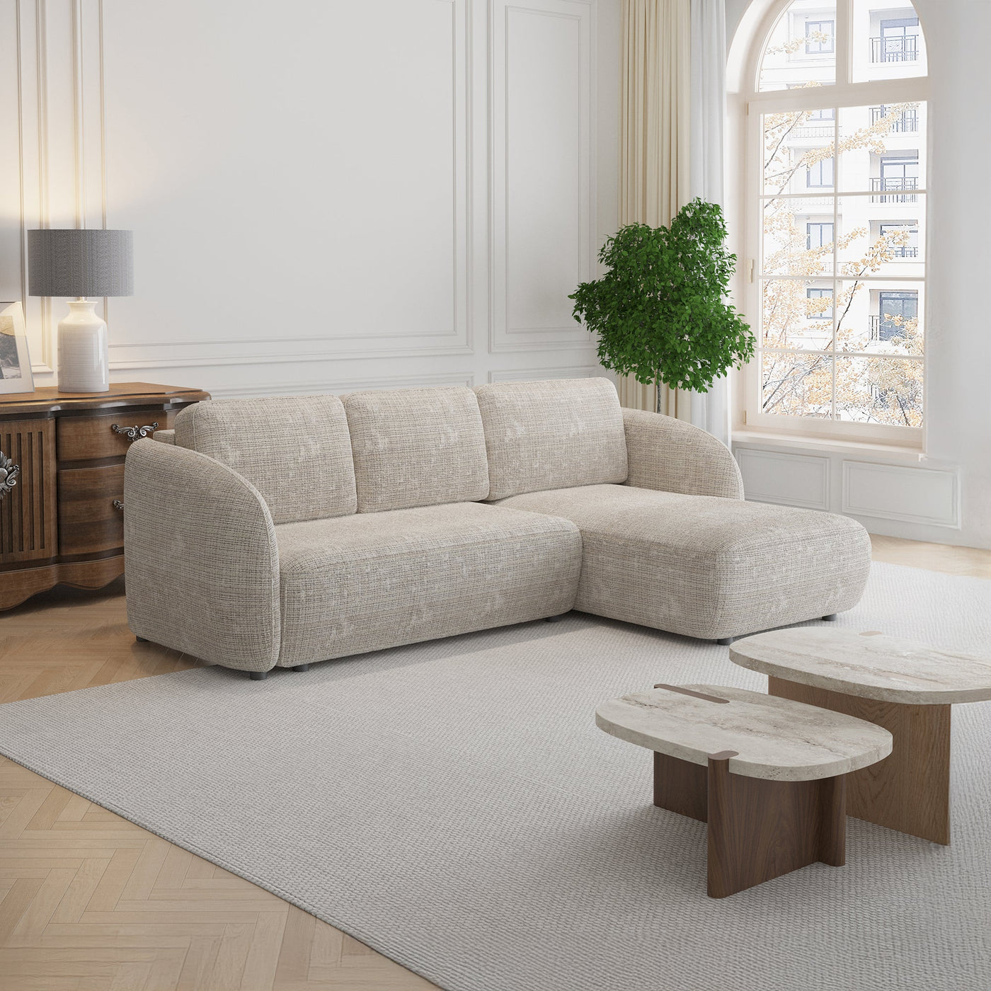 ALANYA Canapé d'angle convertible avec coffre en tissu beige - Angle droit - Canapé d'angle convertible - Mobilier Deco
