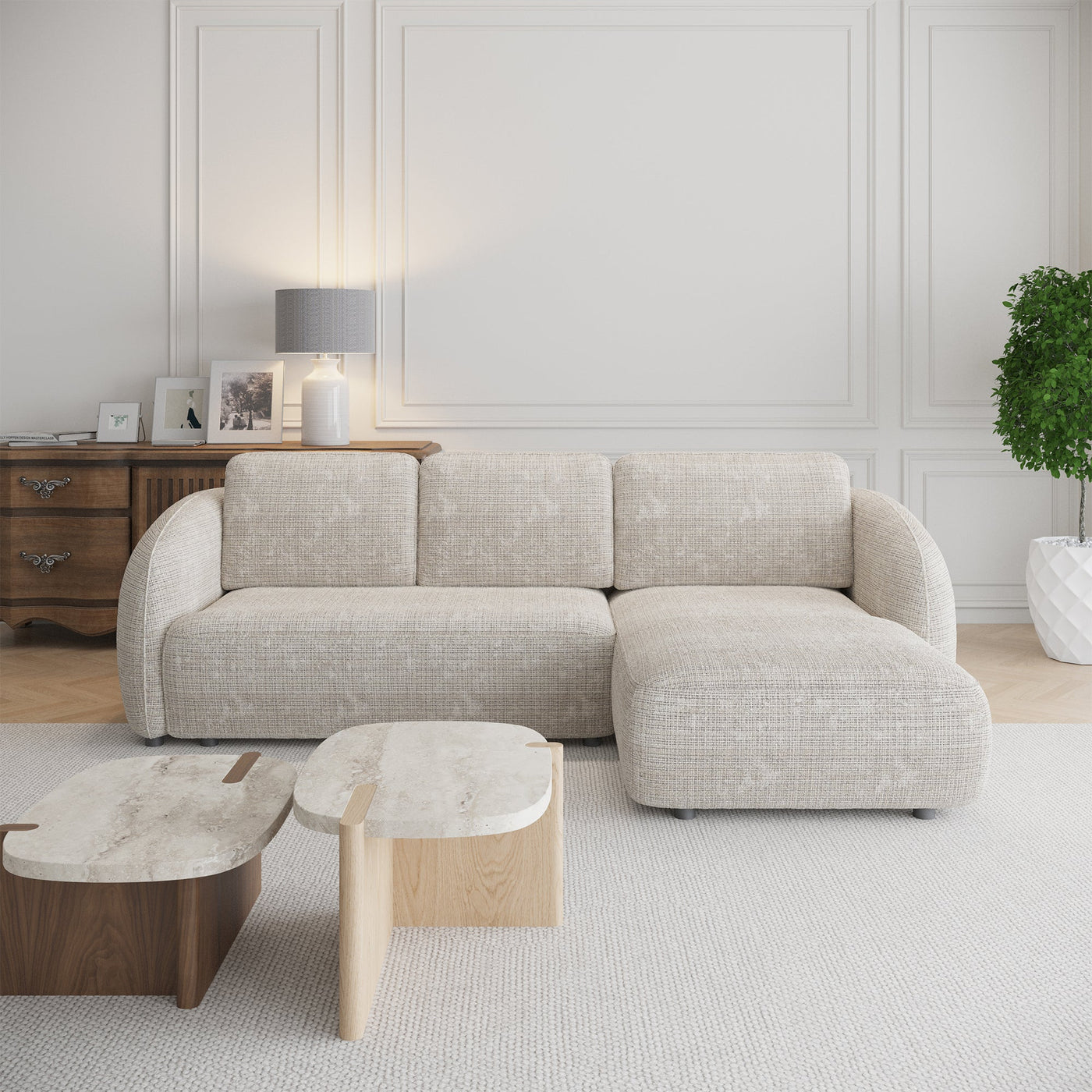 ALANYA Canapé d'angle convertible avec coffre en tissu beige - Angle droit - Canapé d'angle convertible - Mobilier Deco