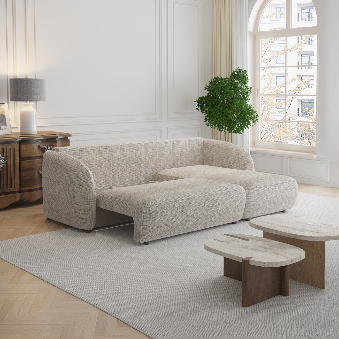 ALANYA Canapé d'angle convertible avec coffre en tissu beige - Angle droit - Canapé d'angle convertible - Mobilier Deco