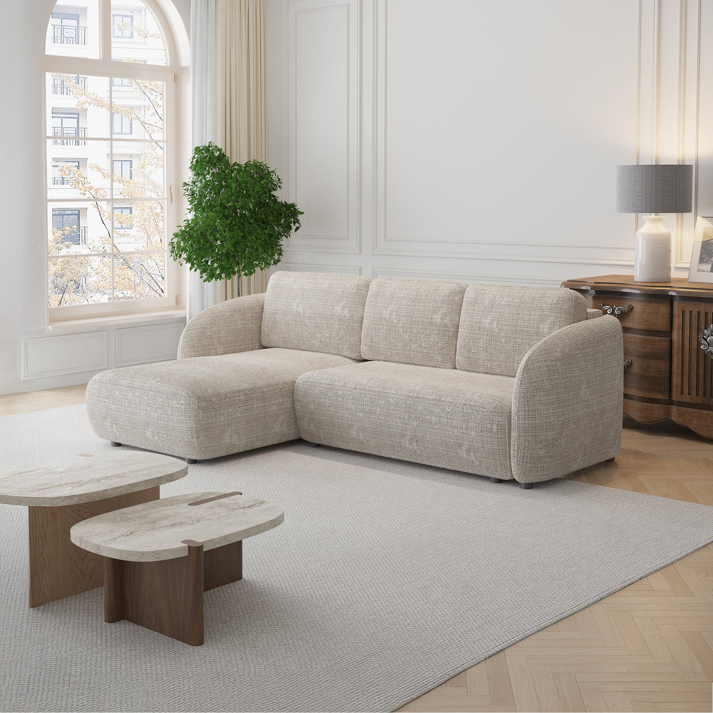ALANYA Canapé d'angle convertible avec coffre en tissu beige - Angle gauche - Canapé d'angle convertible - Mobilier Deco