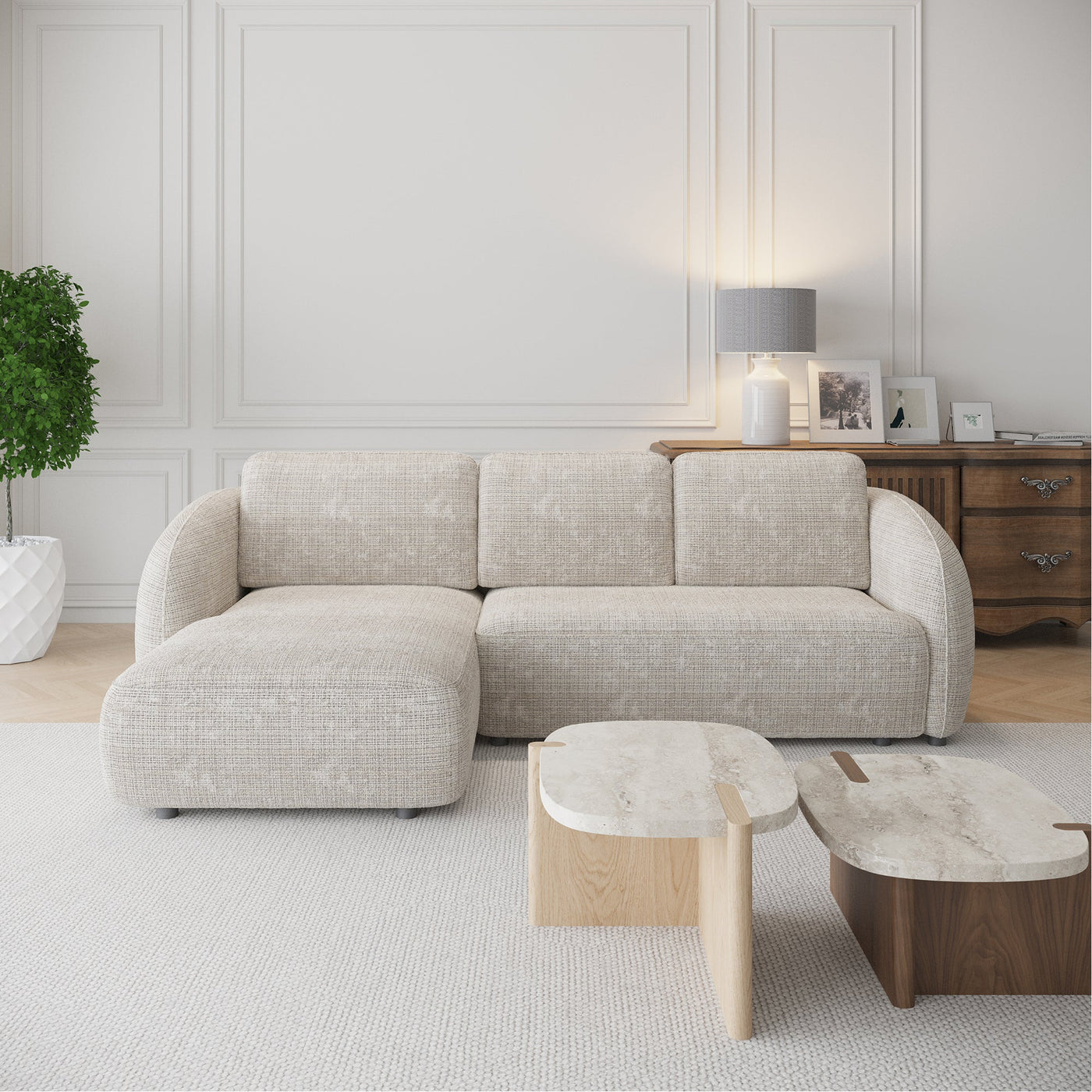 ALANYA Canapé d'angle convertible avec coffre en tissu beige - Angle gauche - Canapé d'angle convertible - Mobilier Deco