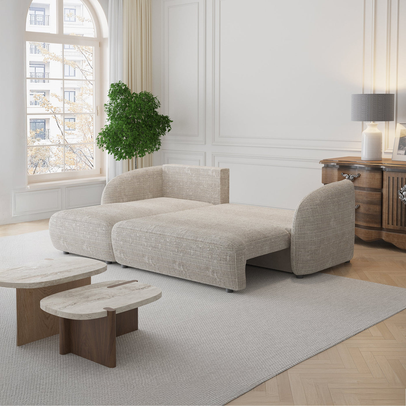 ALANYA Canapé d'angle convertible avec coffre en tissu beige - Angle gauche - Canapé d'angle convertible - Mobilier Deco
