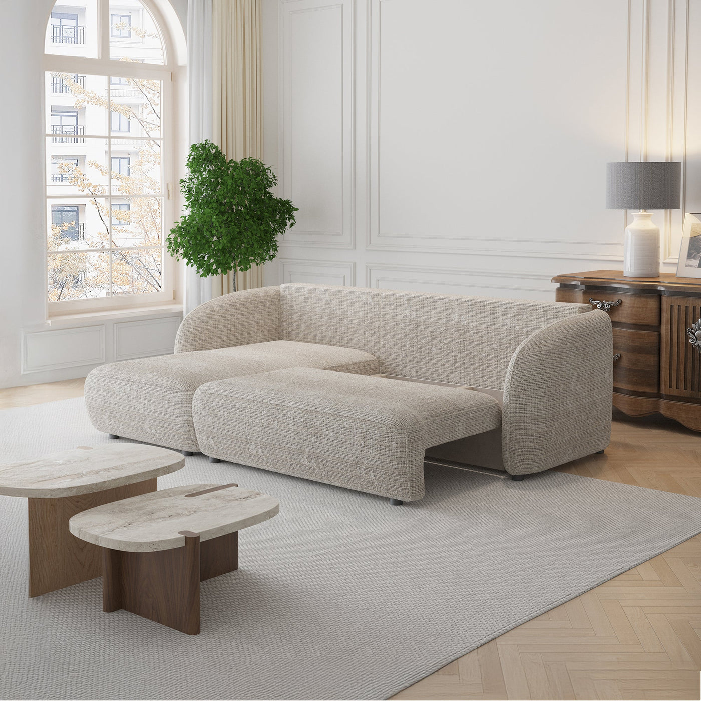ALANYA Canapé d'angle convertible avec coffre en tissu beige - Angle gauche - Canapé d'angle convertible - Mobilier Deco