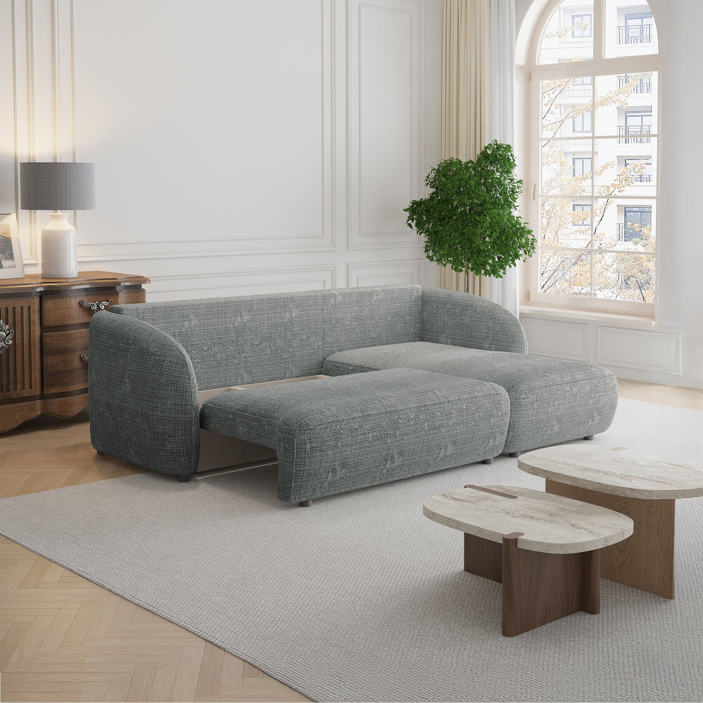 ALANYA Canapé d'angle convertible avec coffre en tissu gris - Angle droit - Canapé d'angle convertible - Mobilier Deco