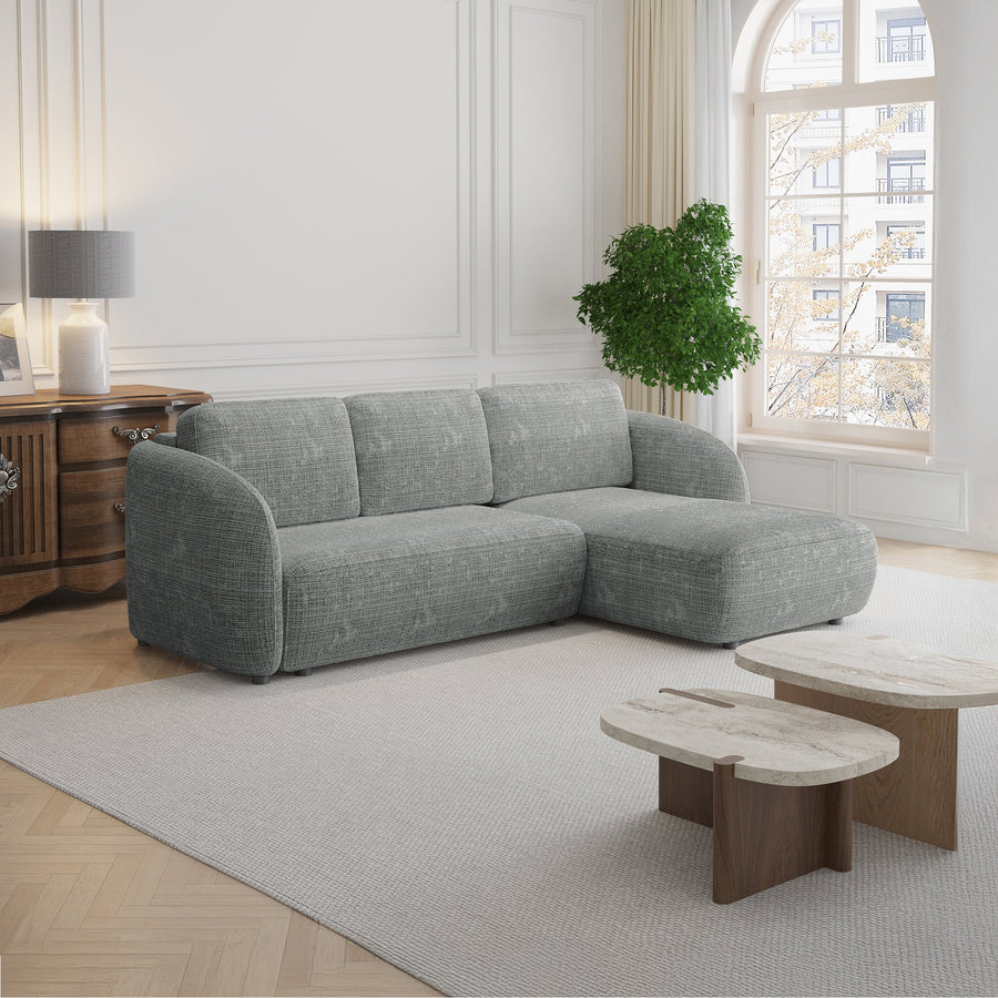 ALANYA Canapé d'angle convertible avec coffre en tissu gris - Angle droit — aperçu vidéo